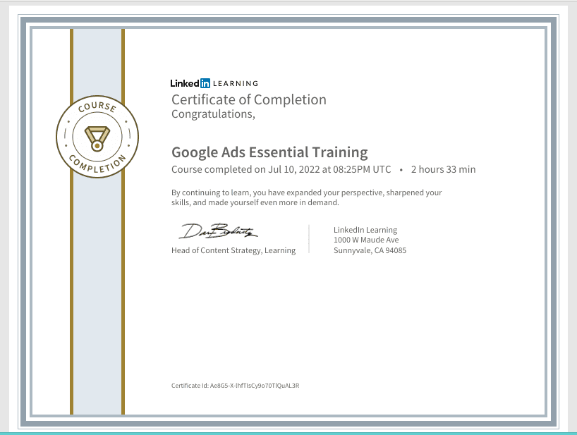 Google Ads Essential Training certificate